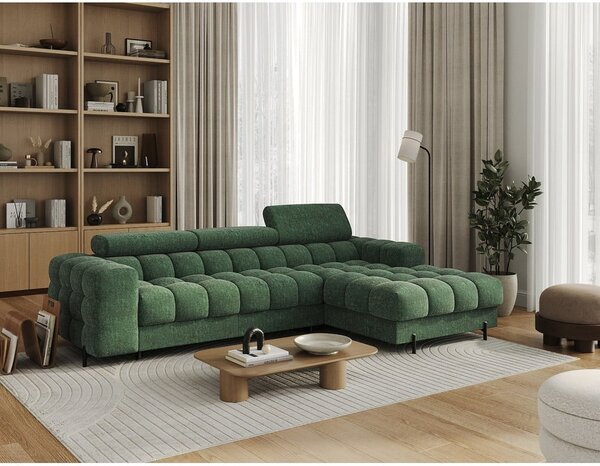 Divano angolare verde allungabile/con contenitore (con penisola a destra/con chaise lounge) con rivestimento in bouclé Felro – ELTAP