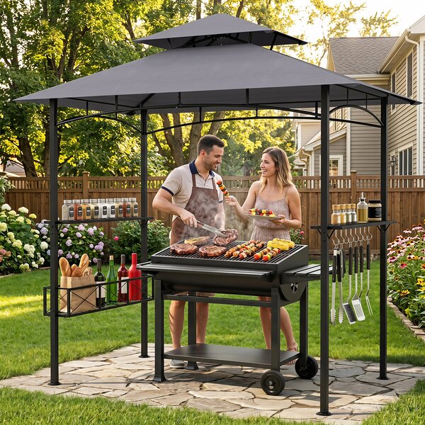 Costway Gazebo per barbecue con cestino portaoggetti 2 ripiani e 8 ganci protezione solare, Gazebo da giardino a 2 livelli Grigio