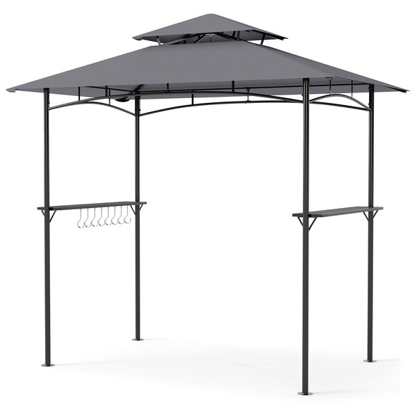 Costway Gazebo esterno con 2 tavoli da bar in metallo e 8 ganci laterali, Gazebo per barbecue con tettoia a due livelli Grigio