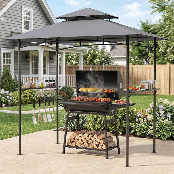 Costway Gazebo esterno con 2 tavoli da bar in metallo e 8 ganci laterali, Gazebo per barbecue con tettoia a due livelli Grigio