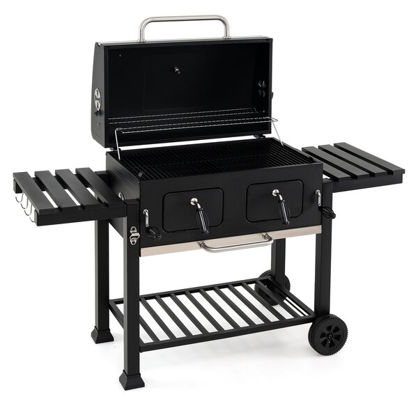 Costway Barbecue a carbone con ruote griglia regolabile in altezza e tavolini laterali, Barbecue portatile affumicatore
