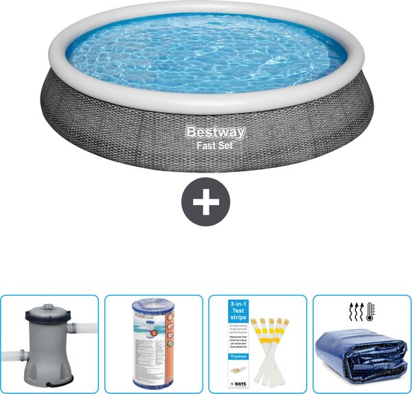 Piscina gonfiabile rotonda Bestway a presa rapida - stampa rattan - 396 x 84 cm - inclusa pompa - filtro - strisce reattive - tenda parasole