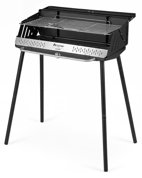 Costway Barbecue carbonella con griglia regolabile in altezza paravento laterali, Barbecue con gambe smontabili pinza per carbone