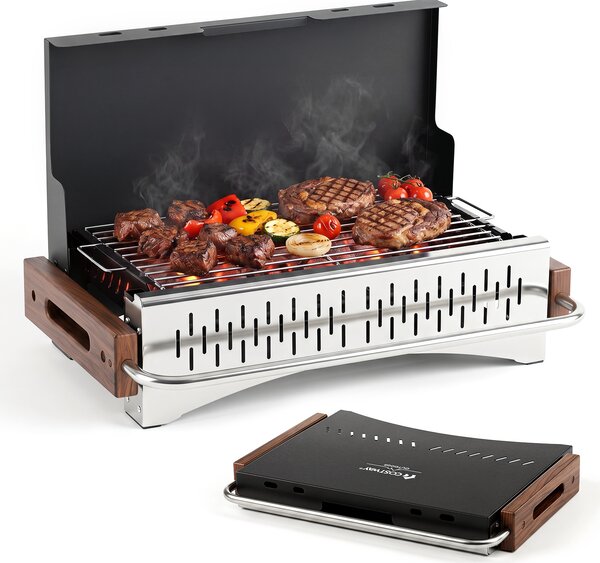 Costway Barbecue a carbonella portatile con griglia regolabile in altezza, Barbecue carbone da tavolo con vaschetta in smalto rimovibile S