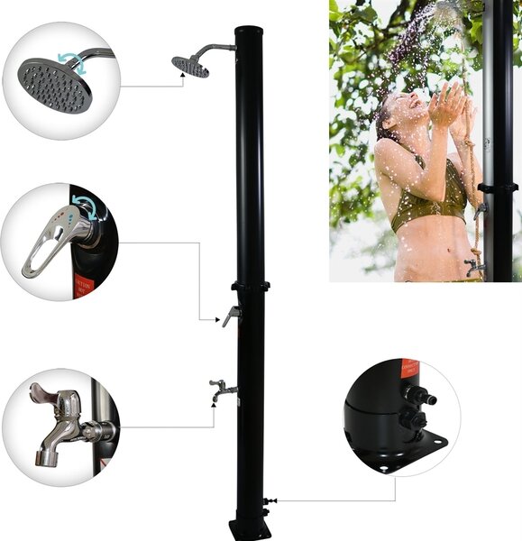 Doccia da giardino solare 20 L nera con soffione a pioggia e miscelatore fino a 60 °C