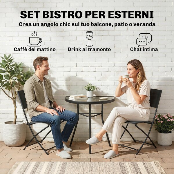 Outsunny Set da Bistrò da 3 Pezzi con 2 Sedie Texteline, Tavolo Semicircolare in Vetro Temperato, Nero | Aosom Italy