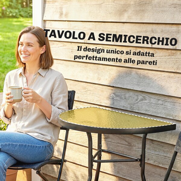 Outsunny Set da Bistrò da 3 Pezzi con 2 Sedie Texteline, Tavolo Semicircolare in Vetro Temperato, Nero | Aosom Italy