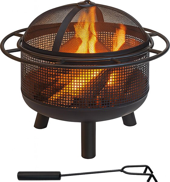 Braciere Relaxdays con parascintille, HD: 52x60 cm, attizzatoio, giardino e terrazza, braciere da esterno, ferro, nero