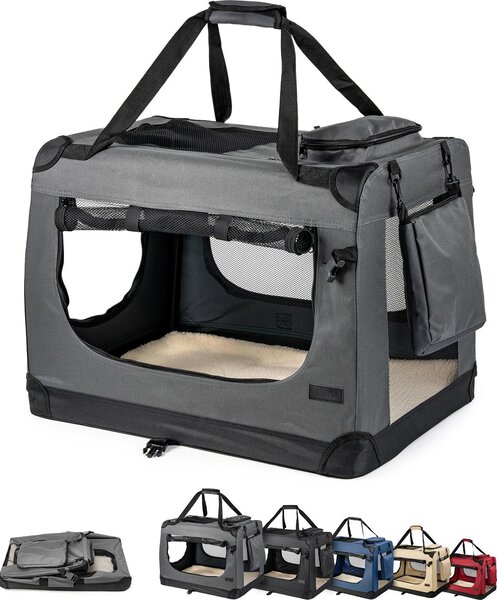 Scatola da trasporto per gatti in tessuto lionto pieghevole, ventilata con accesso a zip e morbido cuscino interno, 50x34x36 cm, grigio