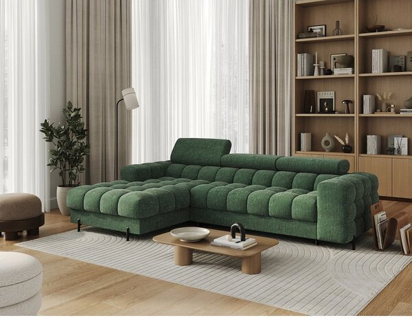 Divano angolare verde allungabile/con contenitore (con penisola a sinistra/con chaise lounge) con rivestimento in bouclé Felro – ELTAP