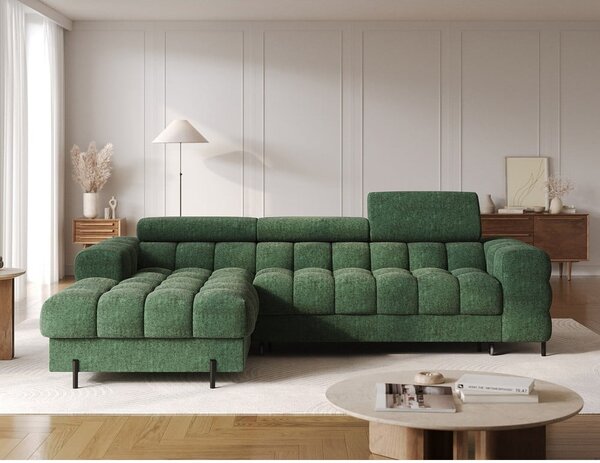 Divano angolare verde allungabile/con contenitore (con penisola a sinistra/con chaise lounge) con rivestimento in bouclé Felro – ELTAP