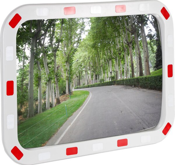 Specchio per il traffico Wiltec 70 x 90 cm convesso, specchio di sicurezza angolare con strisce riflettenti rosse e bianche, specchio convesso infrangibile in plastica, specchio di sorveglianza per le uscite