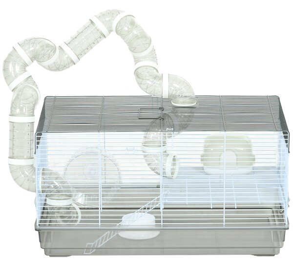 PawHut Gabbia criceto gabbia roditore con tunnel e accessori inclusi filo d'acciaio 58 x 32 x 31 cm grigio