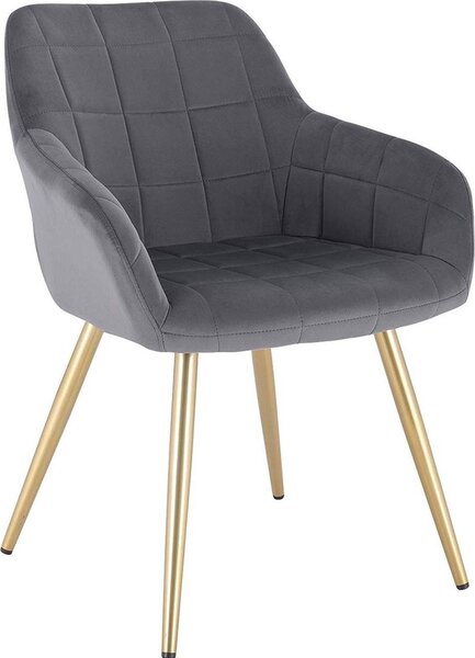 Sedia per sala da pranzo Happyment Nerio - Velluto grigio scuro - Gambe in metallo dorato - Altezza seduta 47cm - 1 pezzo