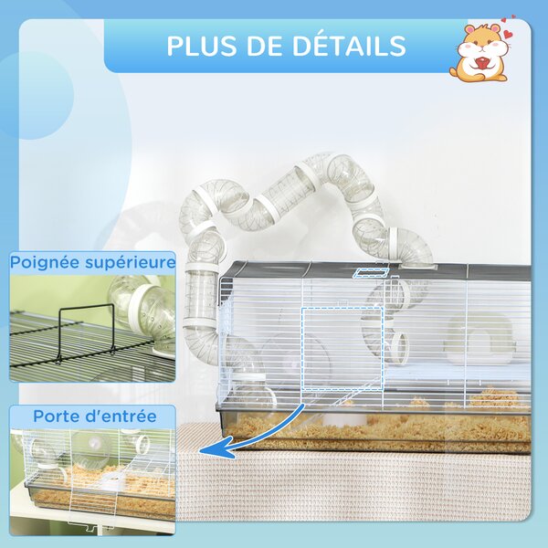 PawHut Gabbia criceto gabbia roditore con tunnel e accessori inclusi filo d'acciaio 58 x 32 x 31 cm grigio