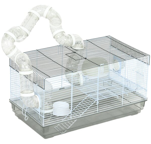 PawHut Gabbia criceto gabbia roditore con tunnel e accessori inclusi filo d'acciaio 58 x 32 x 31 cm grigio