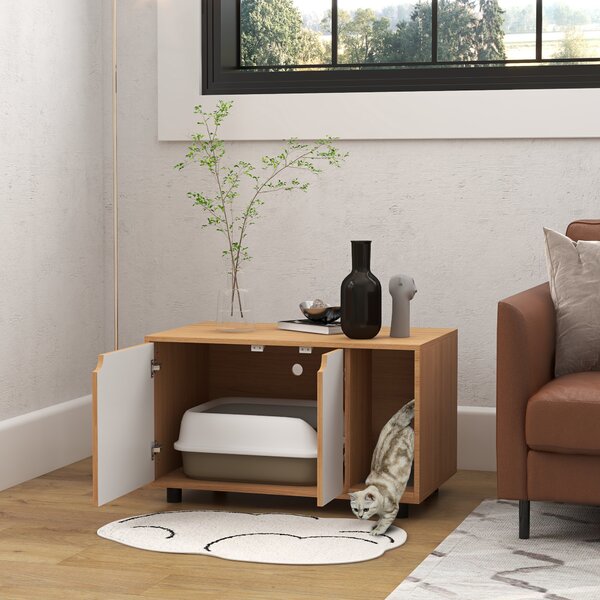 PawHut Mobile per lettiera maisonette per gatti su piedi, 2 in 1 porte stile scandinavo 80 x 48 x 48 cm naturale e bianco