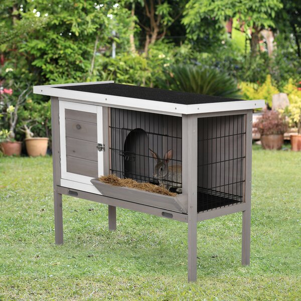 PawHut Clapier in legno per coniglio con tetto in asfalto mangiatoia vassoio amovibile e 2 porte 91 x 46 x 71 cm grigio