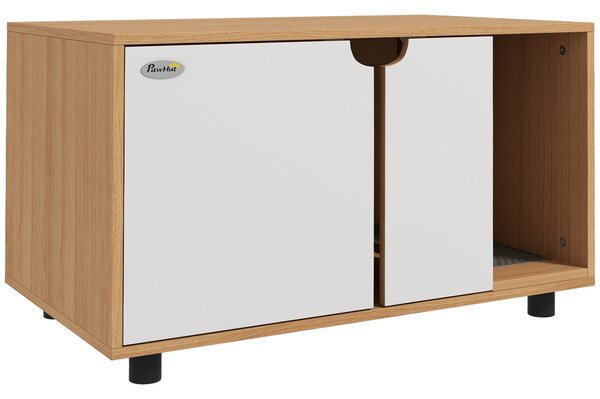 PawHut Mobile per lettiera maisonette per gatti su piedi, 2 in 1 porte stile scandinavo 80 x 48 x 48 cm naturale e bianco