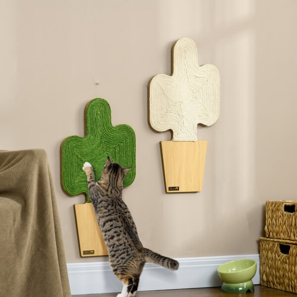PawHut Set da 2 tiragraffi grattatoio murale o da appoggiare forma originale cactus con superficie di graffiatura in iuta 30 x 60 cm marrone bianco verde