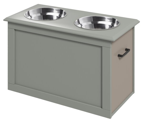 PawHut Porta-gamelle rialzato per cani e gatti. Dimensioni 60L x 30P x 41H cm, 2 ciotole da 2L, maniglie e contenitore in legno, grigio