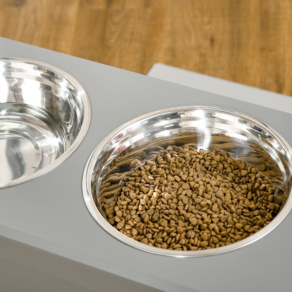 PawHut Porta-gamelle rialzato per cani e gatti. Dimensioni 60L x 30P x 41H cm, 2 ciotole da 2L, maniglie e contenitore in legno, grigio