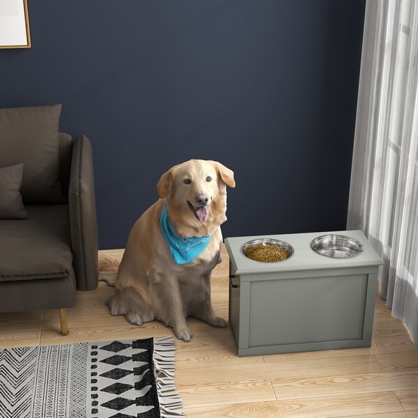 PawHut Porta-gamelle rialzato per cani e gatti. Dimensioni 60L x 30P x 41H cm, 2 ciotole da 2L, maniglie e contenitore in legno, grigio