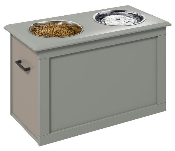 PawHut Porta-gamelle rialzato per cani e gatti. Dimensioni 60L x 30P x 41H cm, 2 ciotole da 2L, maniglie e contenitore in legno, grigio