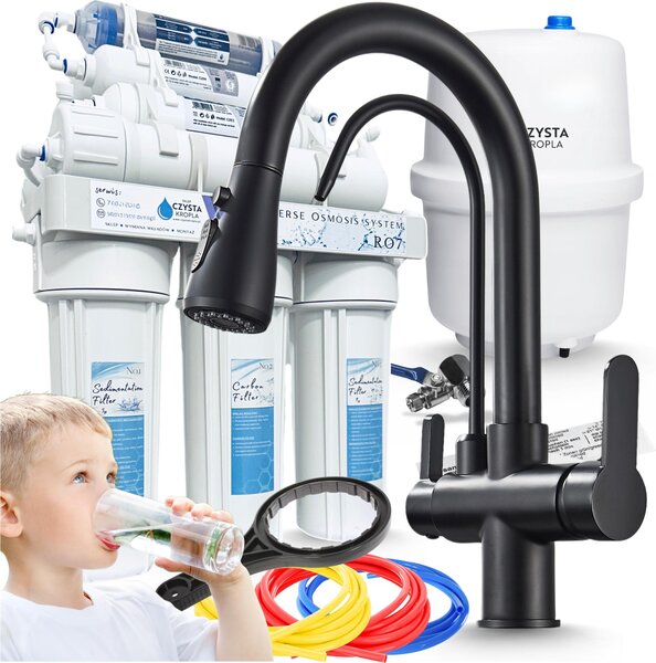 Rubinetto da cucina a 3 vie Ari Nordic con doccetta estraibile e doppia uscita per acqua filtrata, nero opaco, miscelatore girevole