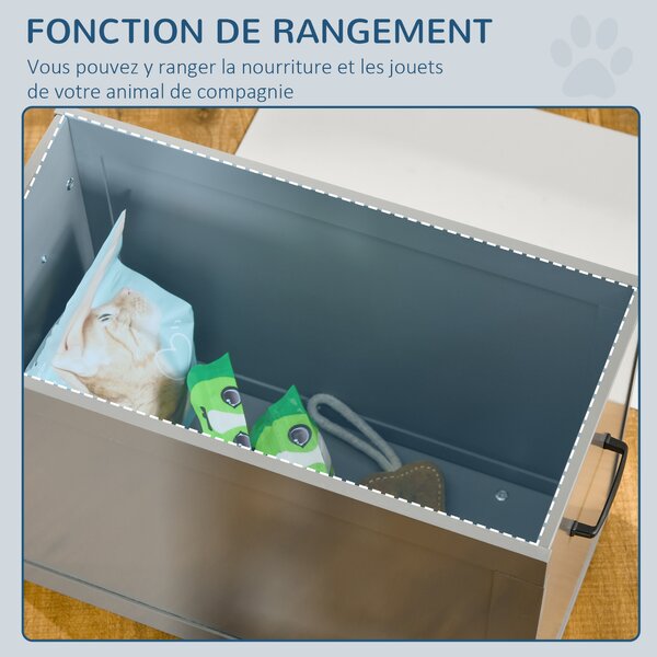 PawHut Porta-gamelle rialzato per cani e gatti. Dimensioni 60L x 30P x 41H cm, 2 ciotole da 2L, maniglie e contenitore in legno, grigio