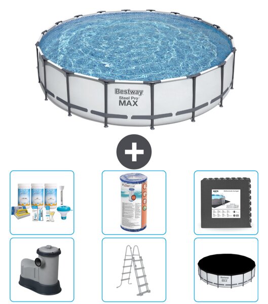 Piscina Bestway Round Steel Pro MAX - 549 x 122 cm - grigio - inclusa pompa - scala - pacchetto manutenzione copertura - filtro - piastrelle per il pavimento