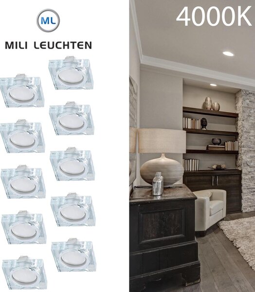 Set da 10 faretti da incasso MILI 5W 4000K luce diurna 230V 400 lumen trasparente, con modulo LED sostituibile e profondità di incasso ridotta