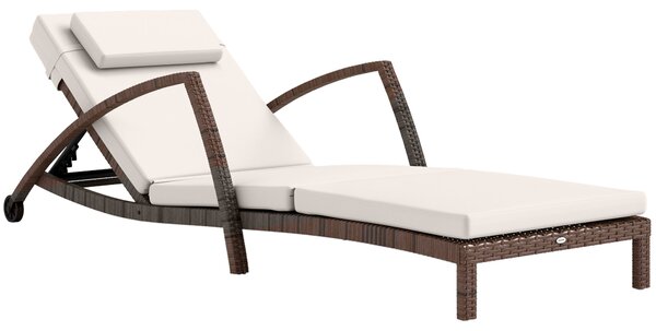 Outsunny Lettino da sole, chaise longue in resina intrecciata con schienale regolabile, ruote, cuscino e braccioli, marrone e beige