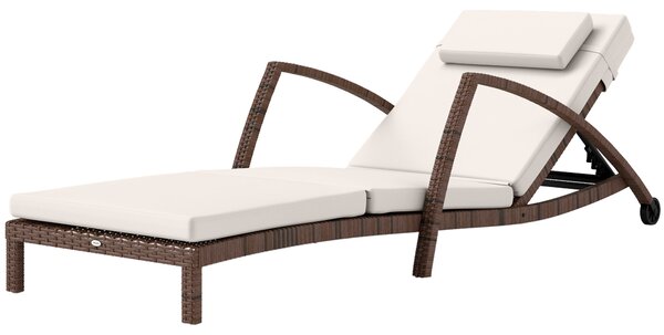 Outsunny Lettino da sole, chaise longue in resina intrecciata con schienale regolabile, ruote, cuscino e braccioli, marrone e beige