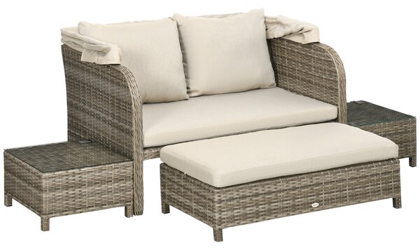 Outsunny Set da giardino 4 pezzi divano 2 posti + 1 poggiapiedi + 2 tavolini con cuscini beige marrone