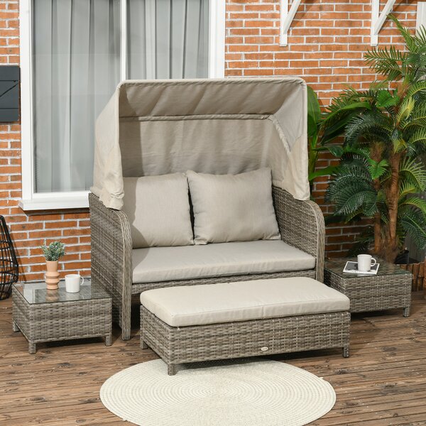 Outsunny Set da giardino 4 pezzi divano 2 posti + 1 poggiapiedi + 2 tavolini con cuscini beige marrone