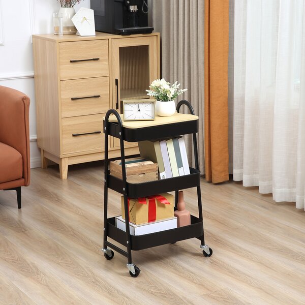 HOMCOM Carrello portaoggetti in acciaio con ruote e 3 ripiani, piano MDF, maniglie dim. 45L x 31P x 79,4A cm