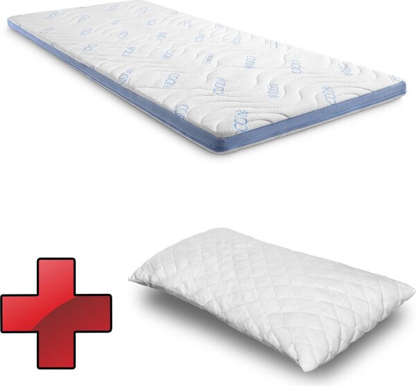 Topper in schiuma fredda CloudComfort Cool 90 x 200 cm H2/H3, altezza 7 cm, livello di compattezza H2/H3, topper a 7 zone con lato estivo e invernale + cuscino in gel-flake CloudComfort Basic 40 x 80 cm