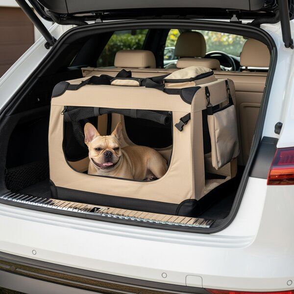 Trasportino per animali domestici belviona pieghevole, comodo e sicuro, Oxford + rete, riponibile in poco spazio, fino a 15 kg, 70x52x50 cm, beige