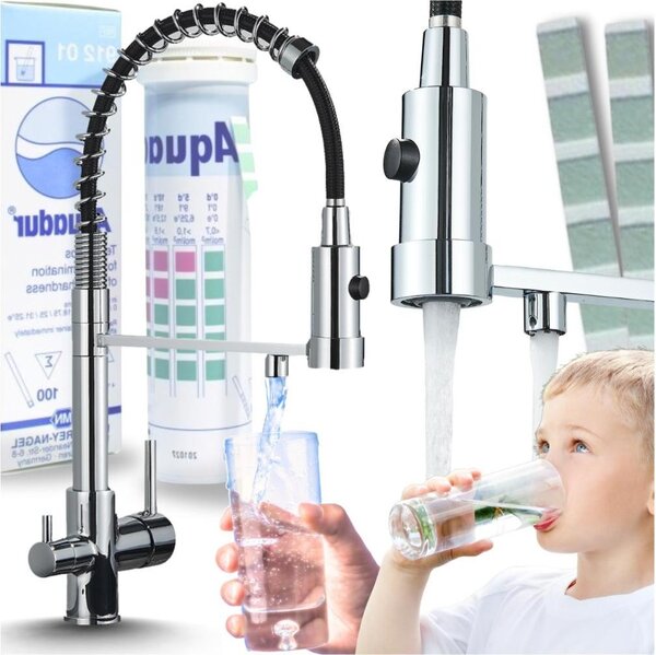 Rubinetto da cucina a 3 vie Ari Solid Spring con collegamento filtro acqua, doccetta estraibile e canna girevole 360, cromato