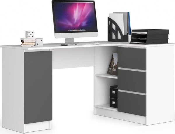 Akord Scrivania Angolare Con 3 Cassetti E 1 Anta Bianco/Grigio Grafite 155X85X77 Cm