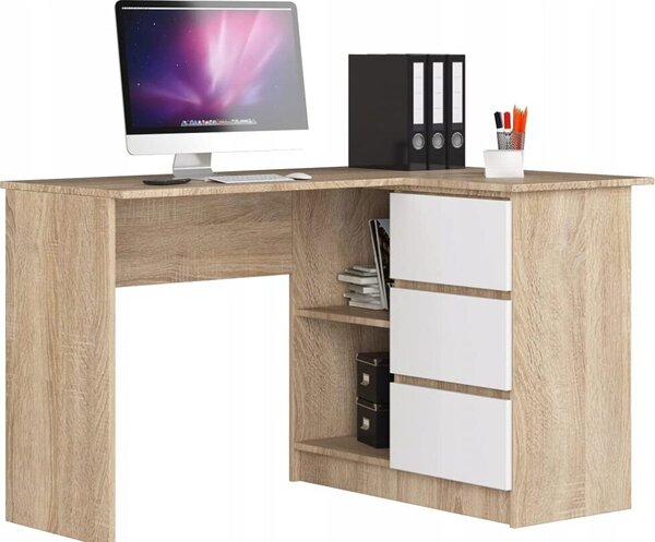 BDW, scrivania angolare destra, 3 cassetti, 4 ripiani, rovere Sonoma/bianco destra