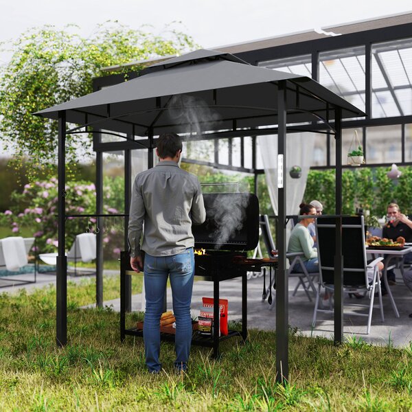 Outsunny Gazeboda per barbecue a due livelli copertura per giardino con luce LED 240 x 150 x 250 cm grigio scuro