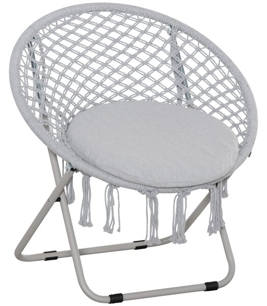 Outsunny Poltrona sospesa rotonda da giardino poltrona a luna papasan pieghevole grande comfort macramé cotone poliestere grigio