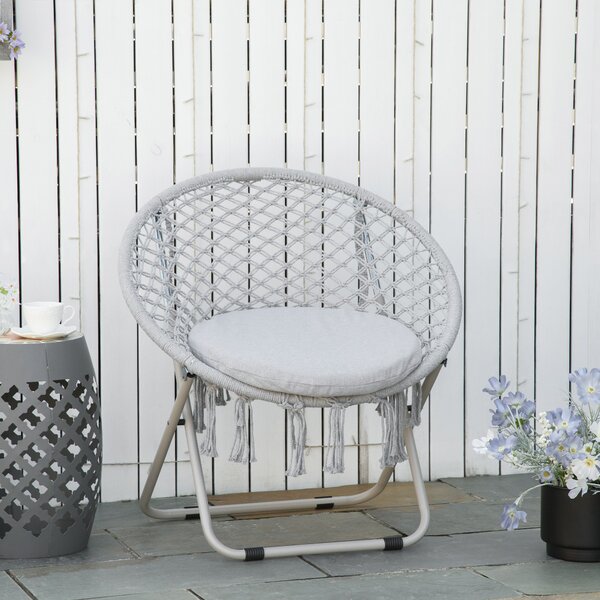 Outsunny Poltrona sospesa rotonda da giardino poltrona a luna papasan pieghevole grande comfort macramé cotone poliestere grigio