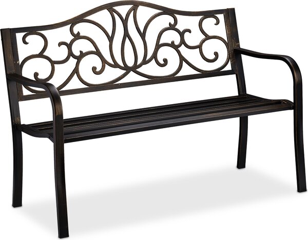 Panchina da giardino Relaxdays in stile antico per 2 persone, per balcone o terrazza, in metallo, dimensioni L 90 x P 127,5 x A 63 cm, acciaio e ghisa, colore nero-bronzo