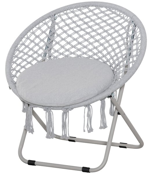 Outsunny Poltrona sospesa rotonda da giardino poltrona a luna papasan pieghevole grande comfort macramé cotone poliestere grigio