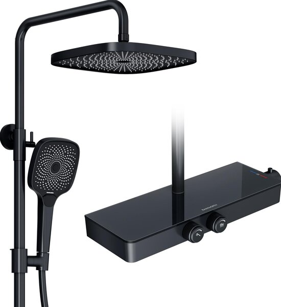 Sistema doccia Rainsworth con termostato e ripiano in vetro nero - Miscelatore doccia completo di doccia a pioggia 26 x 26 cm, doccetta 3 modalità di getto e bocca inferiore - Set doccia a pioggia con miscelatore