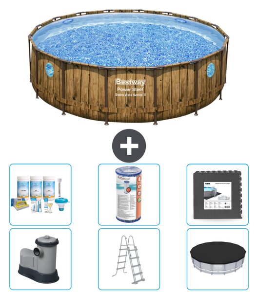 Piscina Bestway Round Power Steel Swim Vista - stampa su legno - 488 x 122 - compresa pompa - scaletta - copertura pacchetto manutenzione - filtro - pavimento in piastrelle