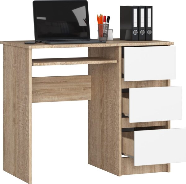 BDW, scrivania per computer con 3 cassetti, cassetto per tastiera, 90x77x50 cm, rovere Sonoma / bianco (a destra)